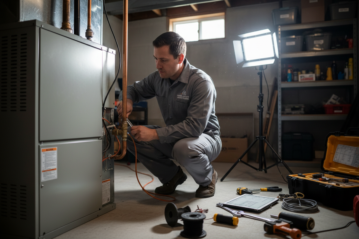 plumber or hvac employee workinmg in house